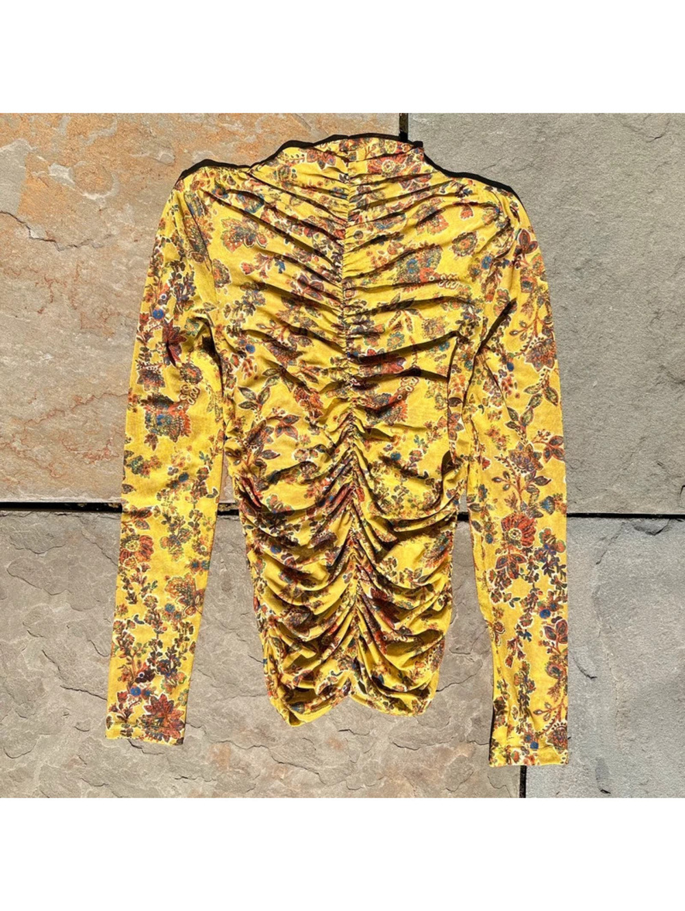 Yellow Orange Green Floral Mesh Ruched Mock-neck Blouse